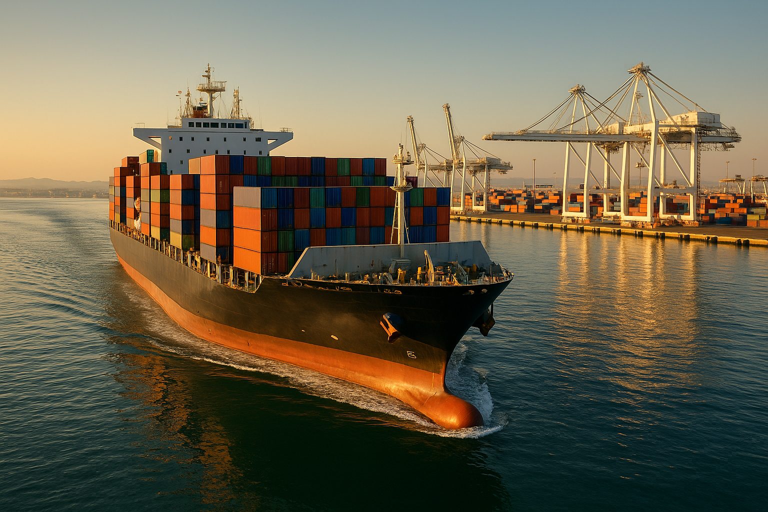 Navio porta-contêineres chegando ao porto